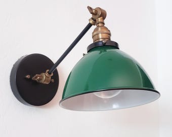 Adjustable Wall Sconce, Industrial Light, Gold and Green Vanity Lamp, Mid Century Dome Shade, Modern Bathroom Vanity Articulating Lighting