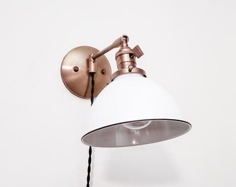 Swing Arm Bedside Reading Wall Light - Antique Brass & White Sconce - Mid Century Modern Articulated Plug In Nook Lamp - Bathroom Lighting
