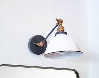 Adjustable Wall Sconce Industrial Light - Gold and White Vanity Lamp - Mid Century Dome Shade - Modern Bathroom Vanity Articulating Lighting