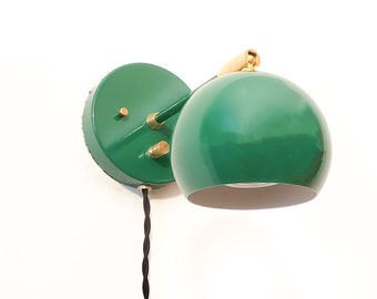 Pivoting Head Bedside Reading Wall Light, Green and Gold Industrial Sconce, Mid Century Modern Articulated Plug In Lamp, Bathroom Lighting