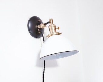 Adjustable Bedside Reading Wall Light - Matte Black & White Sconce - Mid Century Modern Articulated Plug In Nook Lamp - Library Lighting