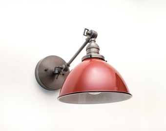 Industrial Gunmetal & Red Sconce – Mid-Century Adjustable Wall Light