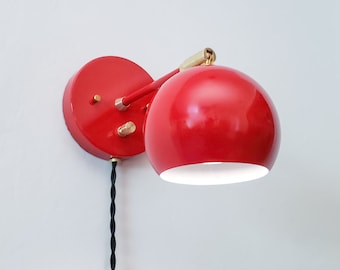 Pivoting Head Bedside Reading Wall Light, Red and Gold Industrial Sconce, Mid Century Modern Articulated Plug In Lamp, Bathroom Lighting