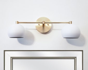 2-Light Vanity Mirror Sconce - Brushed Brass & White Orbs - Wall LED Lamp - Bath Dimmable Modern Lighting - Powder Room Gold - Metal Ball