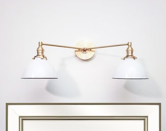 2-Light Vanity Mirror Sconce - Live Brass Modern Double Light - Wall Brushed Gold Lamp - Bathroom Dimmable Lighting - White Powder Room