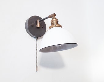 Swing Arm Bedside Reading Wall Light - Brass and Gray Patina Sconce - Mid Century Modern - Articulated Pull Chain Lamp - Bathroom Lighting