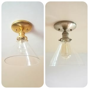 Semi Flush Ceiling Light - Antique Brass and Cone Glass Shade - Mid Century - Modern - Industrial - Ceiling Lighting