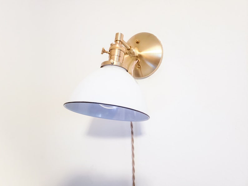 Adjustable Bedside Reading Wall Light, Brushed Brass & White Sconce, Mid Century Modern Articulated Plug In Nook Lamp, Library Lighting image 6