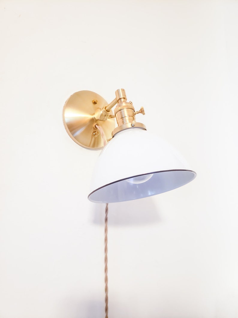 Adjustable Bedside Reading Wall Light, Brushed Brass & White Sconce, Mid Century Modern Articulated Plug In Nook Lamp, Library Lighting image 7