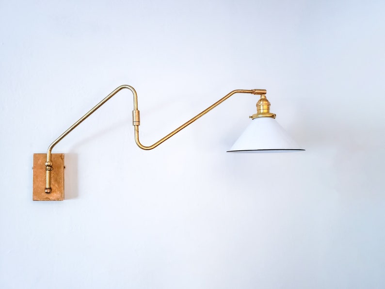 Swinging Adjustable Wall Light, Mid Century Modern Lamp, Brass and White Shade, 2-Arm Articulated, Boom Task, Minimalist Reading Sconce image 1