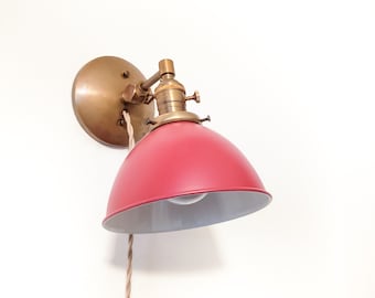 Adjustable Bedside Reading Wall Light, Antique Brass & Matte Red Sconce, Mid Century Modern Articulated Plug In Nook Lamp, Library Lighting