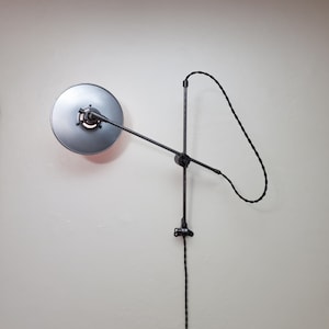Industrial Scissor Adjustable Wall Lamp - Gunmetal and Steel Surgery Room Articulating Light - Drafting Task Silver Lamp - Flat Steel Shade