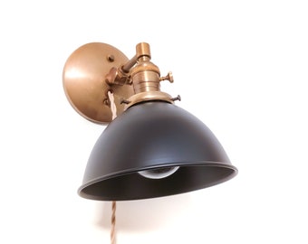 Adjustable Bedside Reading Wall Light - Antique Brass & Black Sconce - Mid Century Modern Articulated Plug In Nook Lamp - Library Lighting