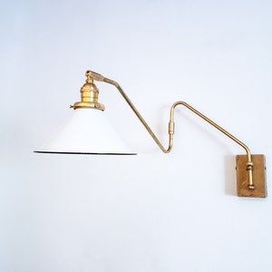 Swinging Adjustable Wall Light, Mid Century Modern Lamp, Brass and White Shade, 2-Arm Articulated, Boom Task, Minimalist Reading Sconce image 4