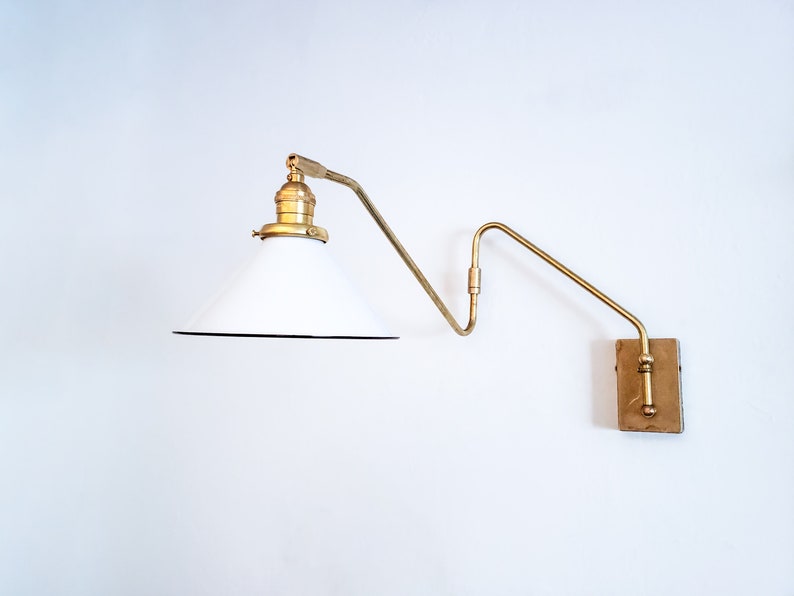 Swinging Adjustable Wall Light, Mid Century Modern Lamp, Brass and White Shade, 2-Arm Articulated, Boom Task, Minimalist Reading Sconce image 4