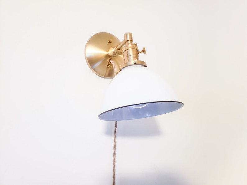 Adjustable Bedside Reading Wall Light, Brushed Brass & White Sconce, Mid Century Modern Articulated Plug In Nook Lamp, Library Lighting image 1