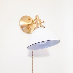 Adjustable Bedside Reading Wall Light, Brushed Brass & White Sconce, Mid Century Modern Articulated Plug In Nook Lamp, Library Lighting image 3