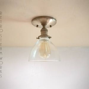 Semi Flush Ceiling Light - Antique Brass and Glass Shade - Mid Century - Modern - Industrial - Ceiling Lighting - Lamp - Hand Made