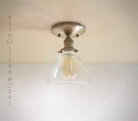 Semi Flush Ceiling Light Antique Brass and Glass Shade Mid Century