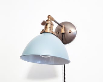 Swing Arm Bedside Reading Wall Light - Brass Patina & Sage Sconce - Mid Century Modern Articulated Plug In Nook Lamp - Bathroom Lighting