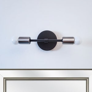2-Arm Linear Modern Wall Sconce - Black & Satin Nickel - Silver Mid Century Lamp - Art Deco - Minimalist Bathroom Vanity Industrial Light