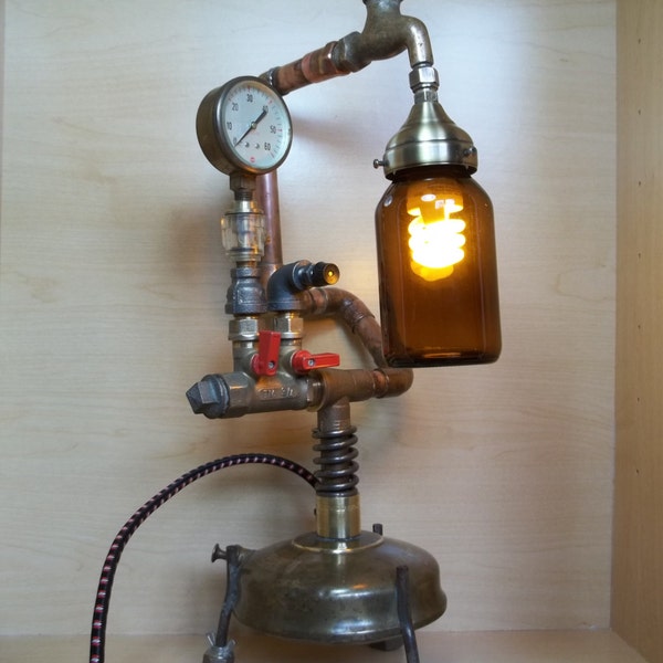 Repurposed Upcycled Recycled Industrial Vintage Water Spigot & Optimus No. 100 Camp Stove Glass Jar Lamp Vintage Steampunk Man Cave