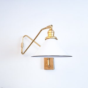 Swinging Adjustable Wall Light, Mid Century Modern Lamp, Brass and White Shade, 2-Arm Articulated, Boom Task, Minimalist Reading Sconce image 8