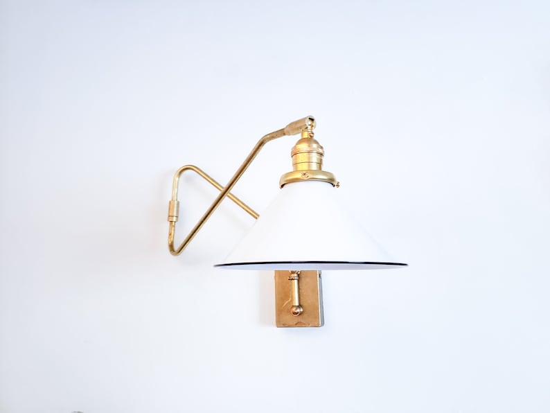Swinging Adjustable Wall Light, Mid Century Modern Lamp, Brass and White Shade, 2-Arm Articulated, Boom Task, Minimalist Reading Sconce image 8