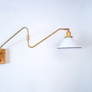 Swinging Adjustable Wall Light, Mid Century Modern Lamp, Brass and White Shade, 2-Arm Articulated, Boom Task, Minimalist Reading Sconce image 9