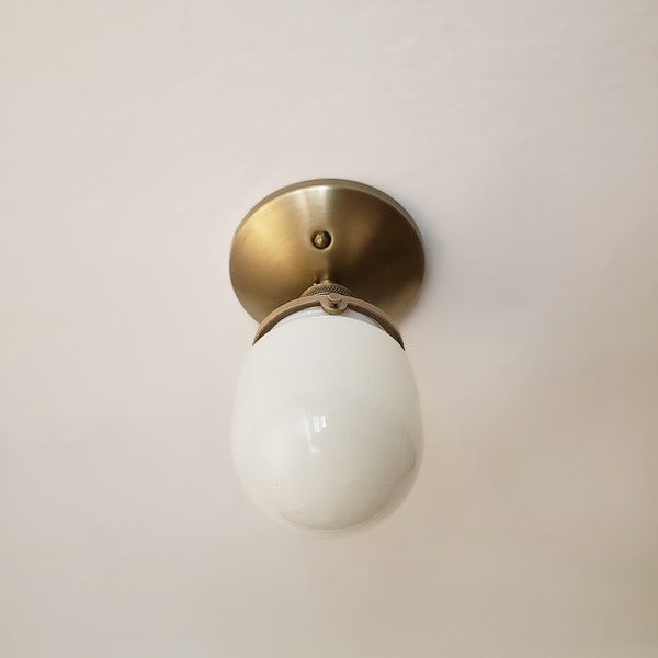 Semi Flush Ceiling Light Milk Glass Shade - Antique Brass - Mid Century - Modern - Industrial - Ceiling Lighting - Loft Lamp - Old School