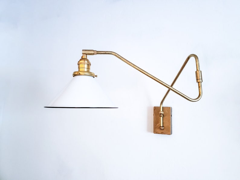 Swinging Adjustable Wall Light, Mid Century Modern Lamp, Brass and White Shade, 2-Arm Articulated, Boom Task, Minimalist Reading Sconce image 6