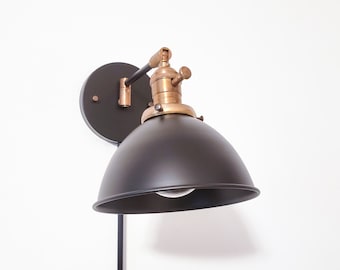 Swing Arm Bedside Dimmable Reading Wall Light - Industrial Black Sconce - Mid Century Modern Articulated Plug In Lamp - Bathroom Lighting