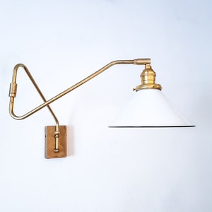 Swinging Adjustable Wall Light, Mid Century Modern Lamp, Brass and White Shade, 2-Arm Articulated, Boom Task, Minimalist Reading Sconce image 5