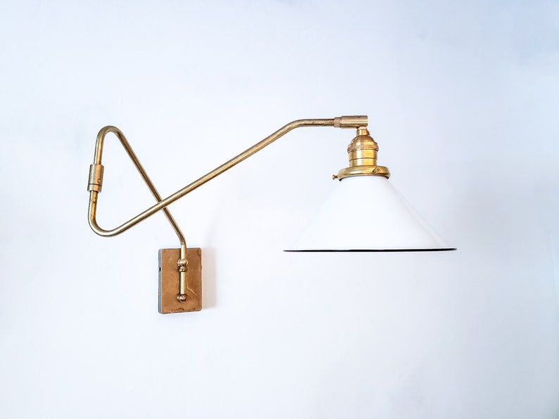 Swinging Adjustable Wall Light, Mid Century Modern Lamp, Brass and White Shade, 2-Arm Articulated, Boom Task, Minimalist Reading Sconce image 5