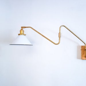 Swinging Adjustable Wall Light, Mid Century Modern Lamp, Brass and White Shade, 2-Arm Articulated, Boom Task, Minimalist Reading Sconce image 2