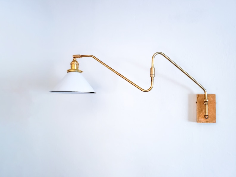 Swinging Adjustable Wall Light, Mid Century Modern Lamp, Brass and White Shade, 2-Arm Articulated, Boom Task, Minimalist Reading Sconce image 2