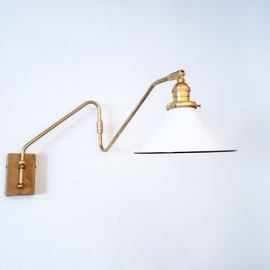 Swinging Adjustable Wall Light, Mid Century Modern Lamp, Brass and White Shade, 2-Arm Articulated, Boom Task, Minimalist Reading Sconce image 3