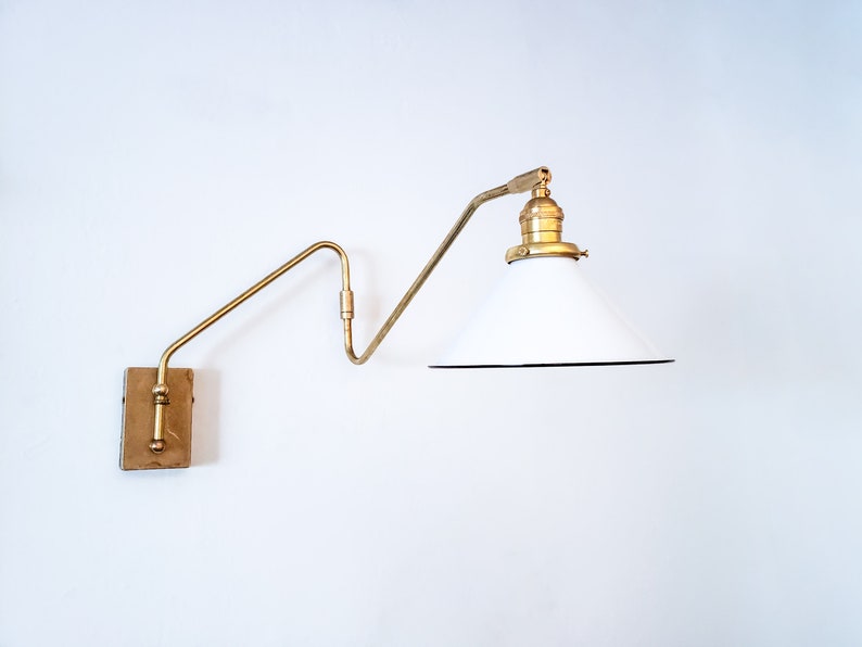 Swinging Adjustable Wall Light, Mid Century Modern Lamp, Brass and White Shade, 2-Arm Articulated, Boom Task, Minimalist Reading Sconce image 3