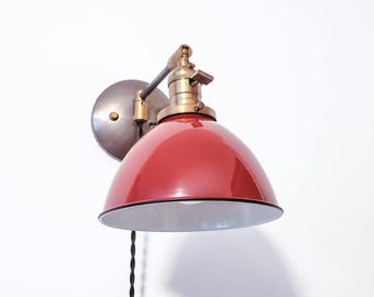 Swing Arm Bedside Reading Wall Light - Brass Patina & Red Sconce - Mid Century Modern Articulated Plug In Nook Lamp - Bathroom Lighting