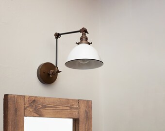 Swing Arm Adjustable Wall Light - Antique Brass, Black & White Industrial Sconce - Mid Century Modern Articulating Bathroom Vanity Lamp