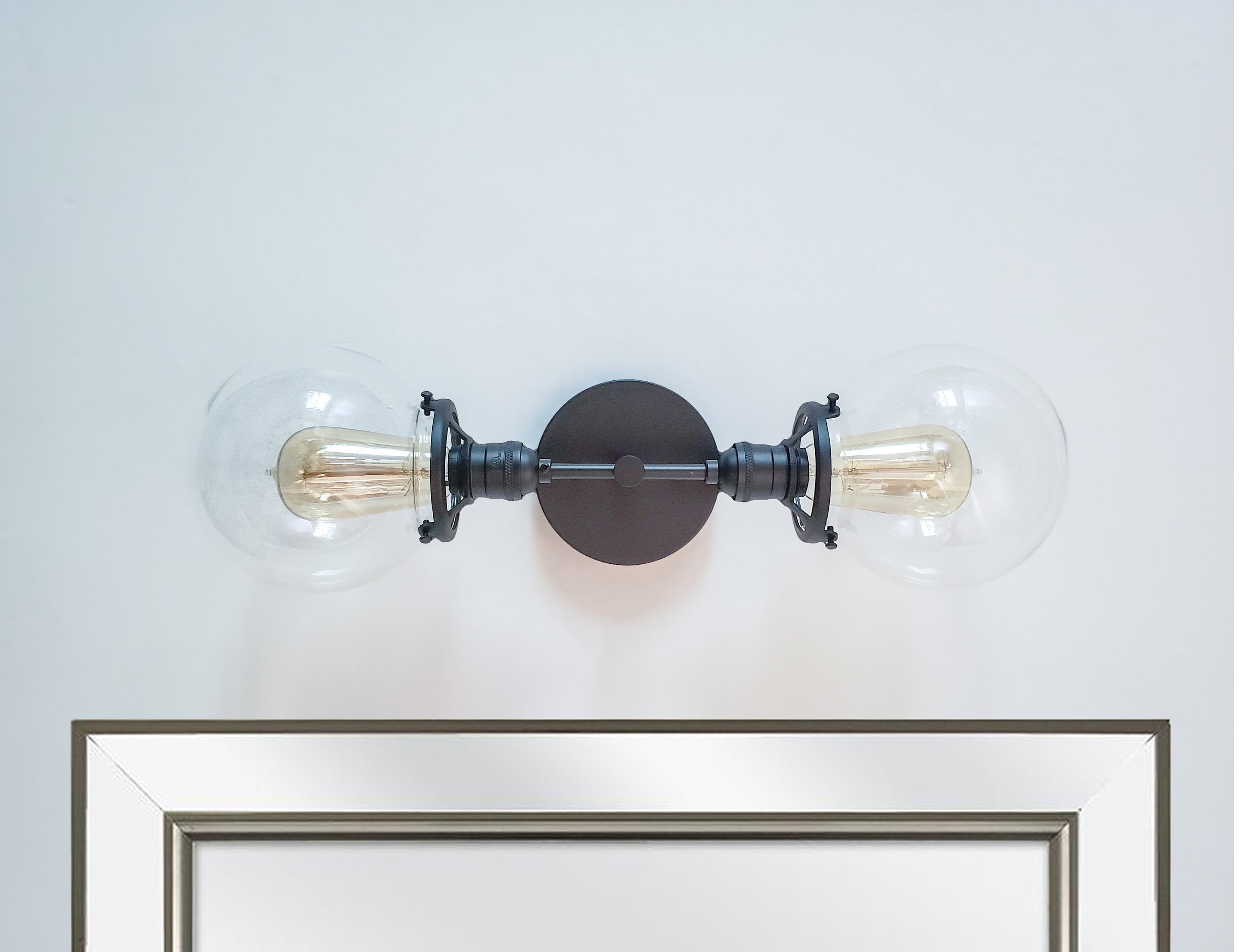 2-Arm Matte Black Modern Wall Sconce Clear Shade Industrial Art Deco Mid Century Vanity Light Glass Orbs Bathroom Mirror Lamp Edison Fixture