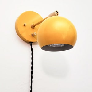 Pivoting Head Bedside Reading Wall Light, Orange & Gold Industrial Sconce, Mid Century Modern Articulated Plug In Lamp, Bathroom Lighting Yellow and Brass