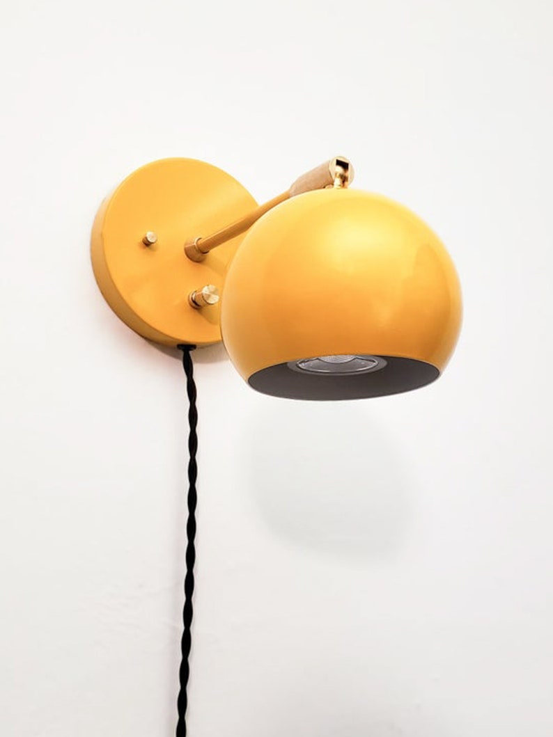 Pivoting Head Bedside Reading Wall Light, Orange & Gold Industrial Sconce, Mid Century Modern Articulated Plug In Lamp, Bathroom Lighting Yellow and Brass