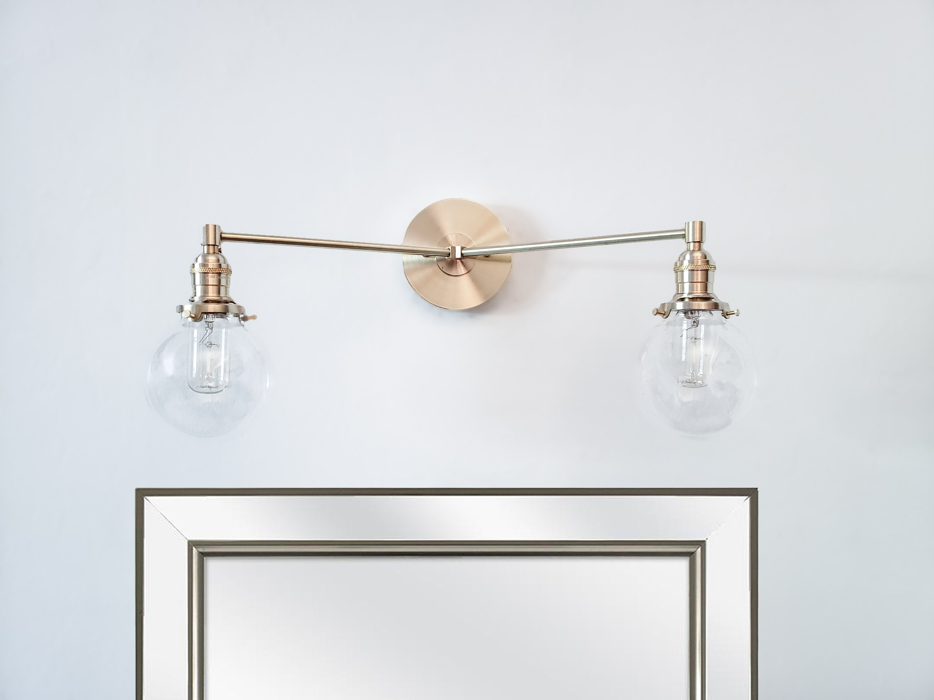 2 light Vanity Mirror Sconce Brushed Brass Modern Double Glass