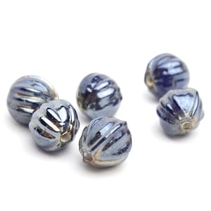 Vintage Hematite Blueish Colored Melon Shaped Czech Crystal Beads 11-12mm 6pcs