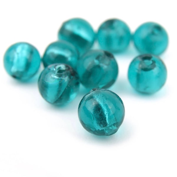 Round Teal Color Venetian Glass Beads, Round Shaped Foil Beads 12mm 4pcs