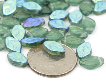 Two Toned Teal Green AB Czech Leaves, Leaf Beads 8x12mm 10pcs