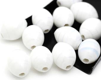 Vintage Japanese Glass Beads, Oval Shaped White Beads with Stripes 10x13mm 6pcs
