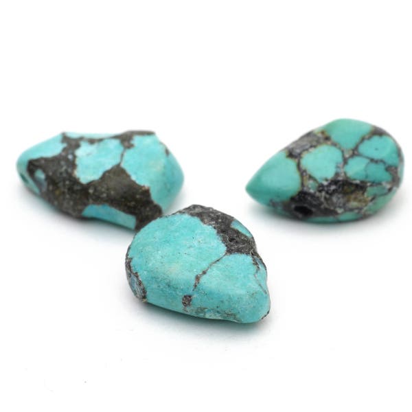 Turquoise Flat Teardrop Briolettes Genuine Turquoise  13-15mm 3pcs