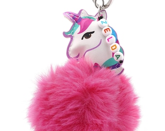CUSTOM Personalized Keychain Pom Pom Unicorn Keychains with Your Name. Custom Keychains for Kid with their names, Unicorn Keychains